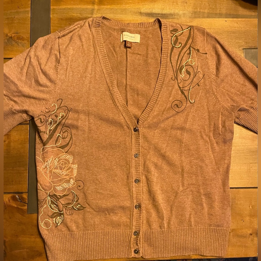 Light Brown V-Neck Cardigan w/Flower Print on Side